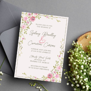 Fairytale Floral Pink & Green Garden Vine Wedding Invitation