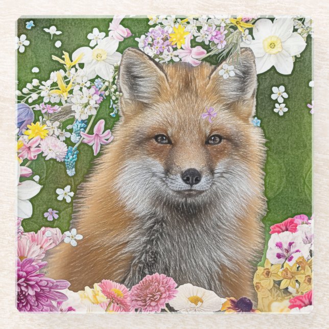 Fairytale Fox in Field of Flowers Glass Coaster (Front)