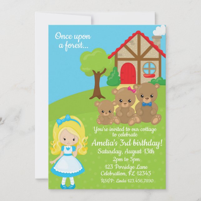 Fairytale Goldilocks and Bears Girls Birthday Invitation (Front)