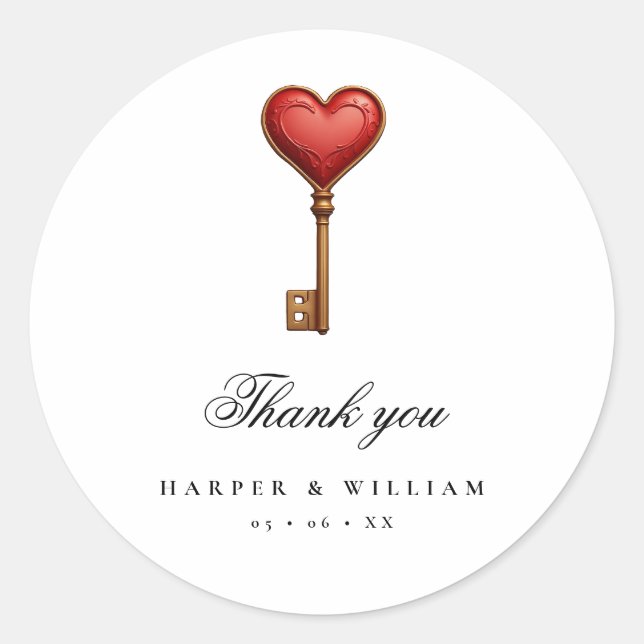 Fairytale heart key wedding thank you classic round sticker (Front)