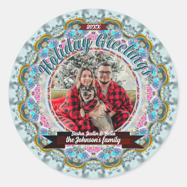 Fairytale Holiday Greetings Custom Photo Classic Round Sticker (Front)