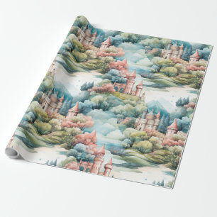 Fairytale in Fairyland Castles Pastel Pink Blue Wrapping Paper