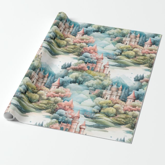 Fairytale in Fairyland Castles Pastel Pink Blue  Wrapping Paper (Unrolled)