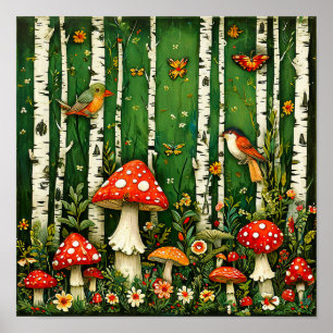🍄 Fairytale Mushrooms And Birds Enchanted Forest  Poster