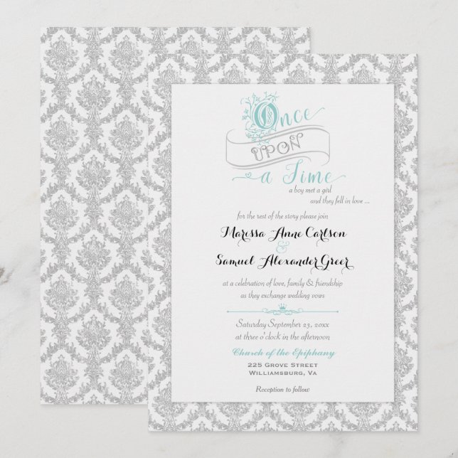 Fairytale Once Upon a Time Damask Turquoise Invitation (Front/Back)