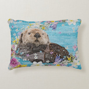 Fairytale Otter in River of Flowers Accent Pillow