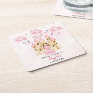 Fairytale Pink Castle Princess All Ages Birthday Square Paper Coaster