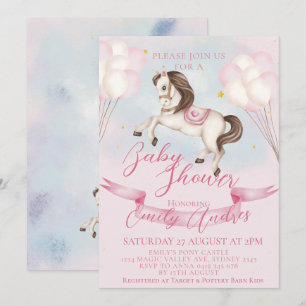 Fairytale Pony Stars Pink Balloons Baby Shower Invitation