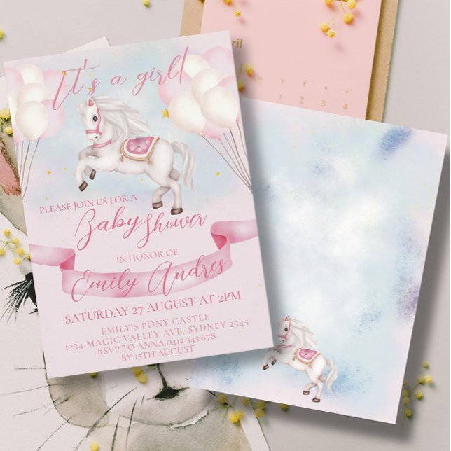 Fairytale Pony Stars Pink Balloons Baby Shower Invitation (Creator Uploaded)