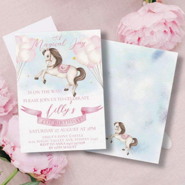 Fairytale Pony Stars Pink Balloons Birthday Party Invitation (Creator Uploaded)