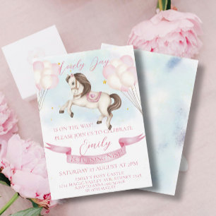 Fairytale Pony Stars Pink Balloons Birthday Party Invitation