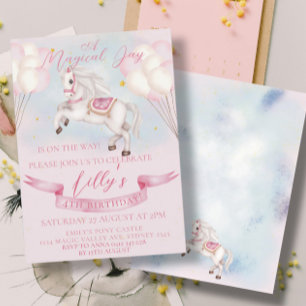 Fairytale Pony Stars Pink Balloons Birthday Party Invitation