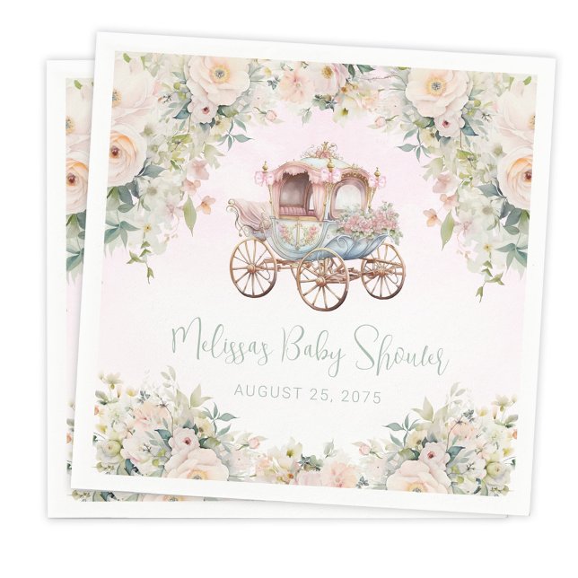 Fairytale Princess Carriage Girl Watercolor Floral Napkin (You can add your own text.)