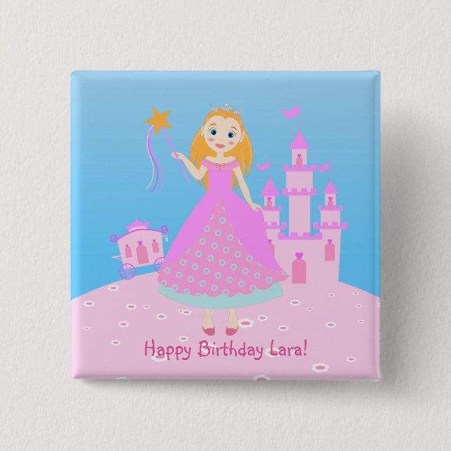 Fairytale Princess in Pink  Birthaday Party 2 Inch Square Button (Front)