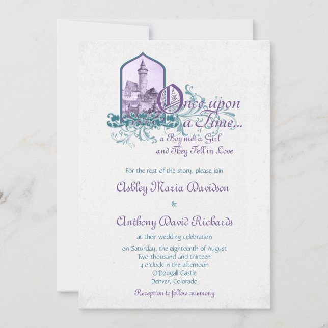Fairytale Purple Teal Castle Once Upon Wedding Invitation (Front)