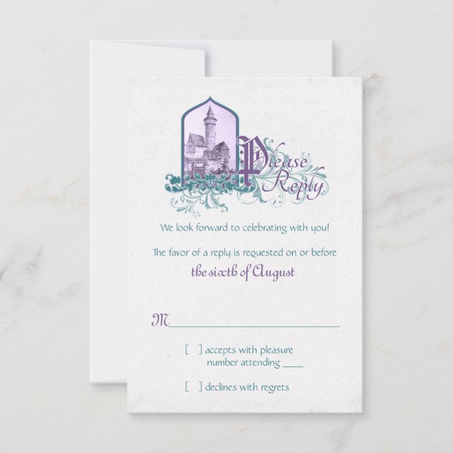 Fairytale Purple Teal Castle Wedding RSVP Card (Front)