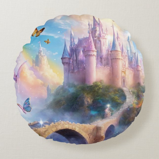 Fairytale Rainbow Castle Round Pillow (Front)