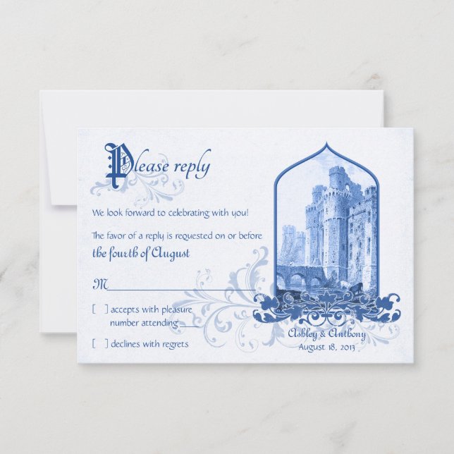 Fairytale Royal Blue Castle Once Upon Wedding RSVP Card (Front)