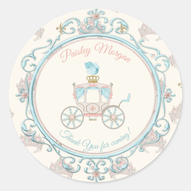 Fairytale Royal Carriage Princess Crown Blush Aqua Classic Round Sticker (Front)