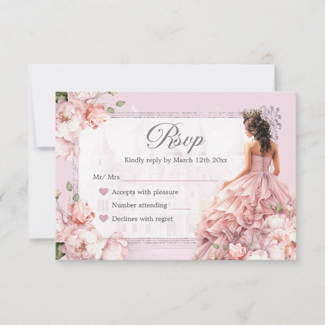 Fairytale Royal Castle Blush Pink Quinceanera RSVP (Front)