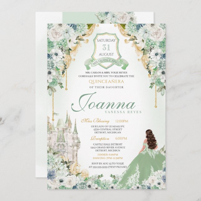 Fairytale Royal Princess Light Mint Green Quince Invitation (Front/Back)