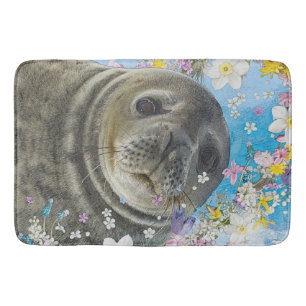 Fairytale Sealion in Ocean of Flowers Bath Mat