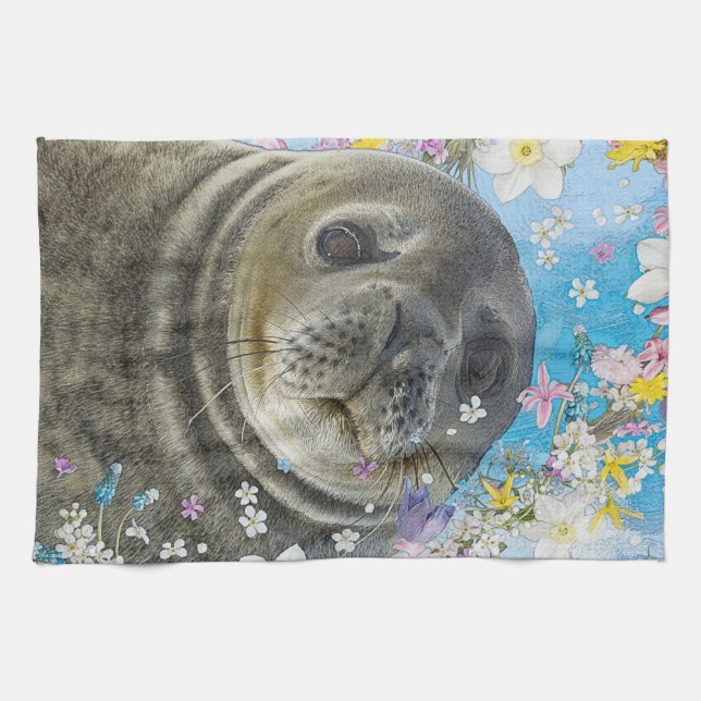 Fairytale Sealion in Ocean of Flowers Kitchen Towel (Horizontal)