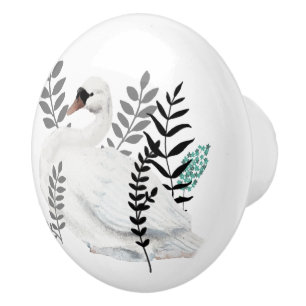 Fairytale Swan Illustration Folk Botanical Ceramic Knob