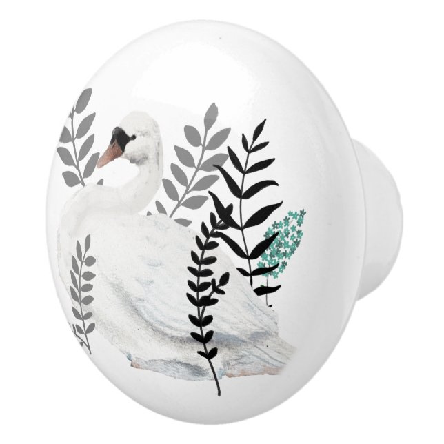 Fairytale Swan Illustration Folk Botanical  Ceramic Knob (Right)