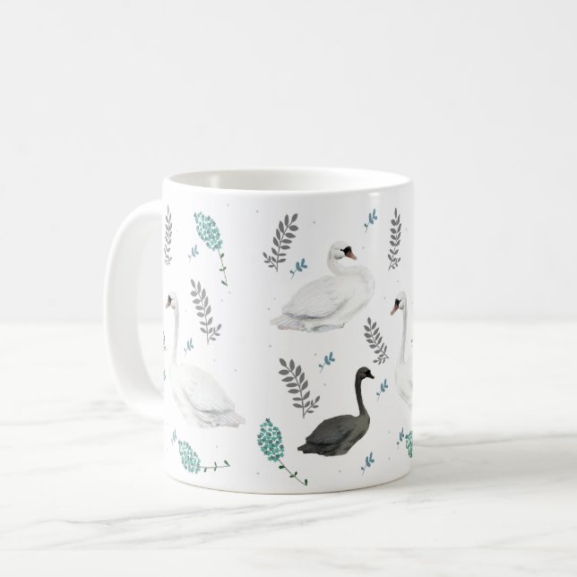 Fairytale Swan Illustration Folk Botanical  Coffee Mug (Front Left)
