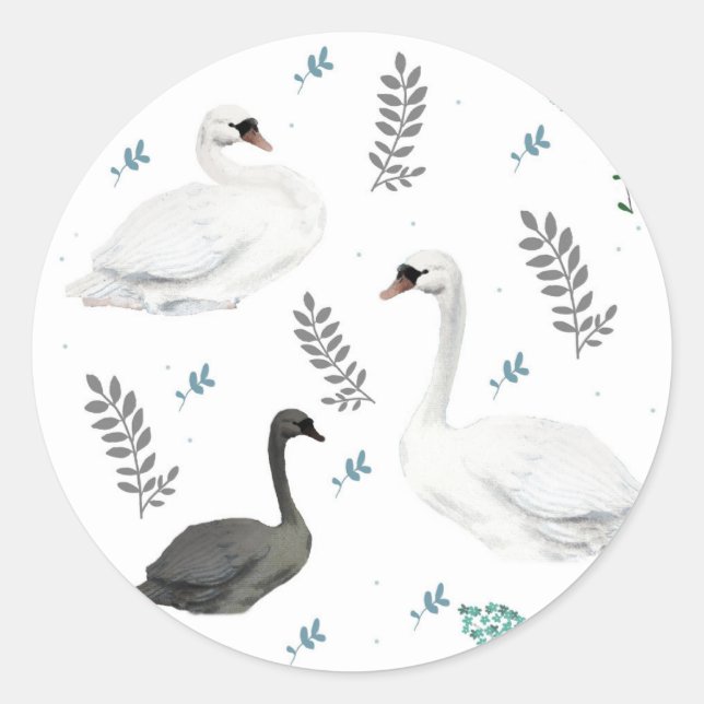 Fairytale Swan Illustration Folk Botanical Pattern Classic Round Sticker (Front)