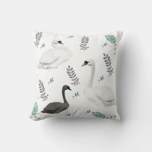 Fairytale Swan Illustration Folk Botanical Pattern Throw Pillow