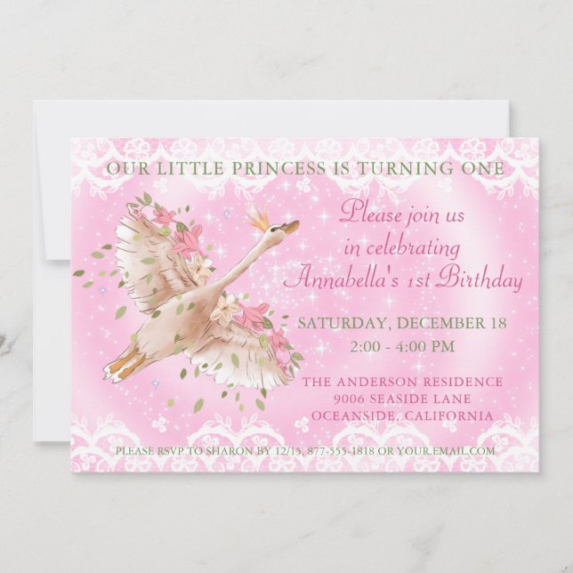 Fairytale Swan Pink Floral And Lace 1ST Birthday Invitation (Front)