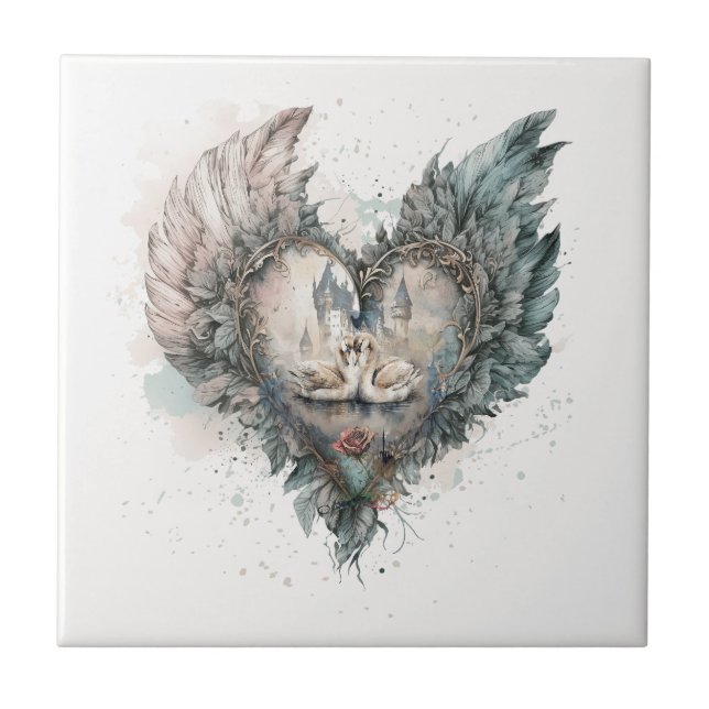 Fairytale Swans in Feathered Heart Tile (Front)