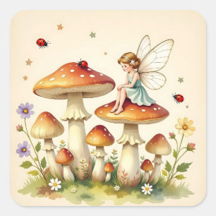 Fairytale Themed Cottage Core Vintage Mushrooms Square Sticker