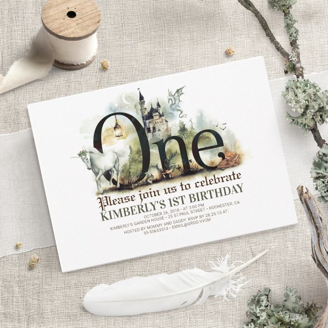 Fairytale Unicorn Dragon and Castle 1st Birthday Invitation (Creator Uploaded)