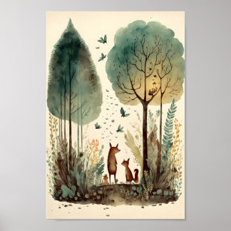 Fairytale watercolor illustration of forest poster