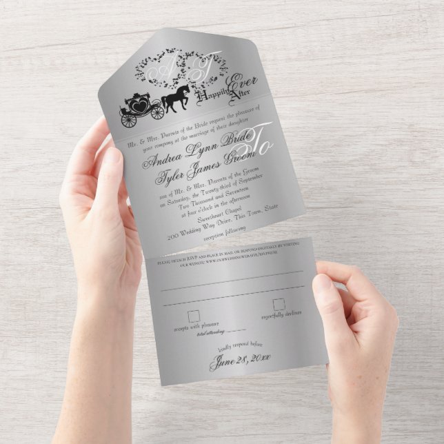 Fairytale Wedding Carriage Silver Grey All In One Invitation (Tearaway)