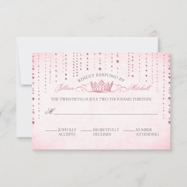 Fairytale Wedding Pink Sparkles & Crown RSVP Card (Front)