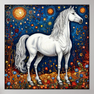 🌙 Fairytale White Horse Under Starry Sky Dream Poster