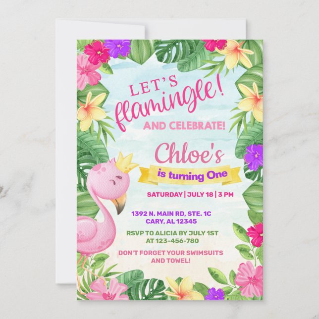 Faisons flamingle, fille invitation d'anniversaire (Devant)