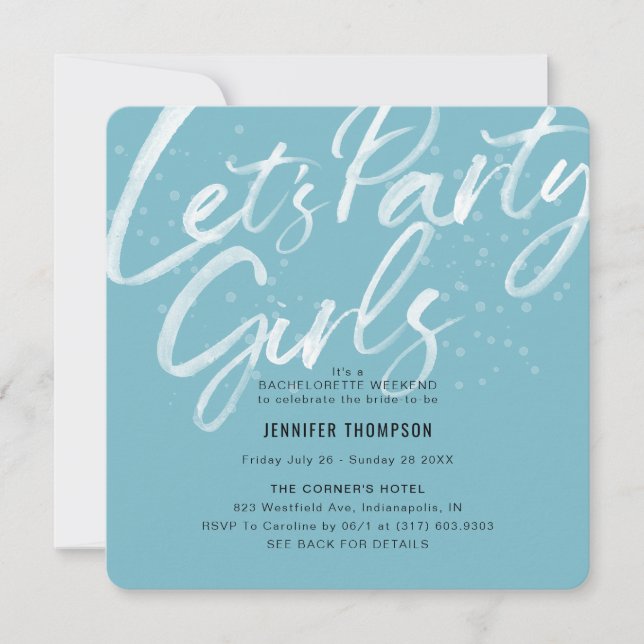Faisons la fête Blue Bachelorette Party Invitation (Devant)