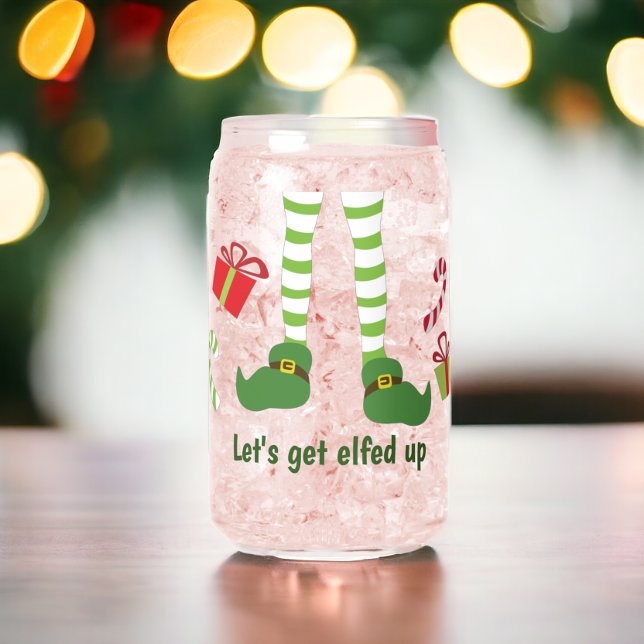 Faisons-nous un Noël humoristique (Lets Get Elfed Up Humorous Christmas Can Glass from Ricaso. Fun holiday themed glass in trendy style)