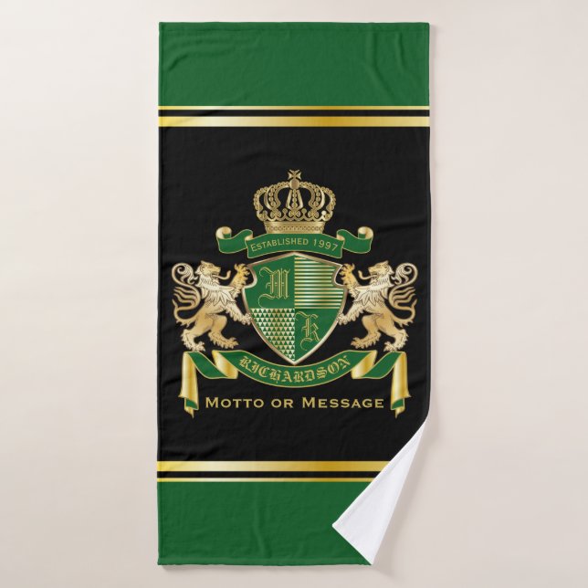 Faites votre propre blason Green Gold Lion Emblem (Serviette de bain)