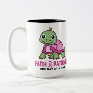 Faith an Patience: Breast Cancer Pink Green Turtle Two-Tone Coffee Mug