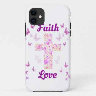 Faith and Love Cross of Roses with Pink Butterflie iPhone 11 Case