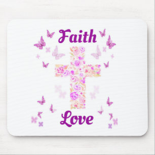 Faith and Love Cross of Roses with Pink Butterflie Mouse Pad