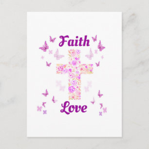 Faith and Love Cross of Roses with Pink Butterflie Postcard