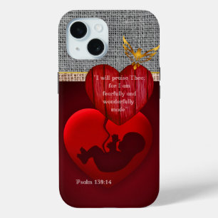 Faith Based Faux Neutral Hessian Embryo Red Heart iPhone 15 Case