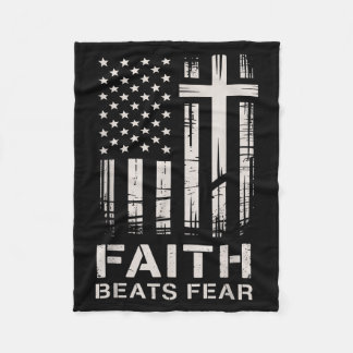 Faith Beats Fear American Flag Christian Cross  Fleece Blanket